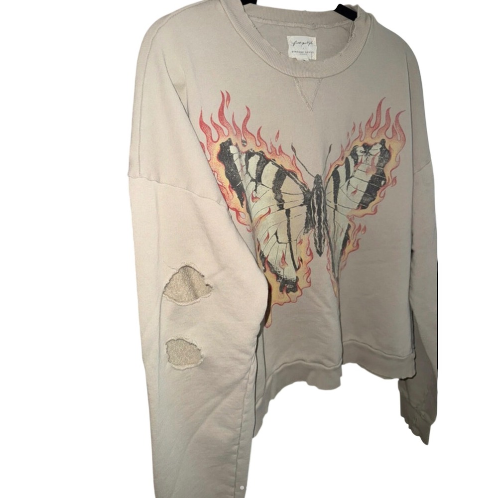 Free People x Vintage Souls Firebutterfly Pullover Sweatshirt Green Distressed - Picture 4 of 6